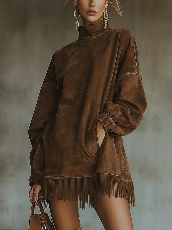 Robe Franges Midi Femme à Col Montant Coupe Fluide