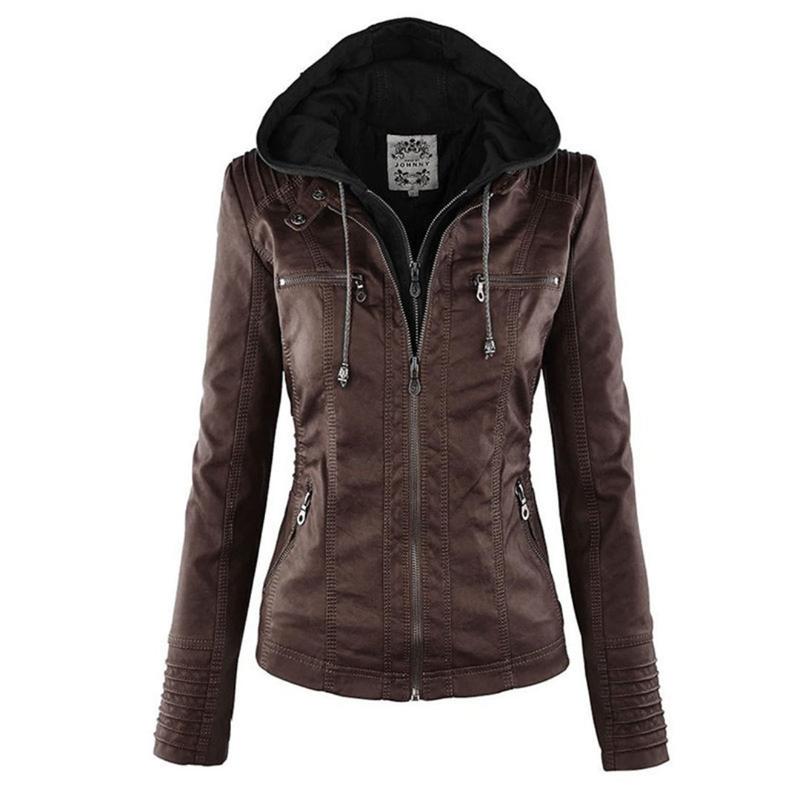 Veste en Cuir Moto Ajustée à Capuche Zippée pour Femme
