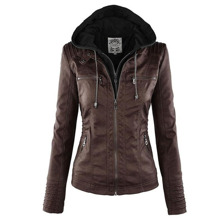 Veste en Cuir Moto Ajustée à Capuche Zippée pour Femme