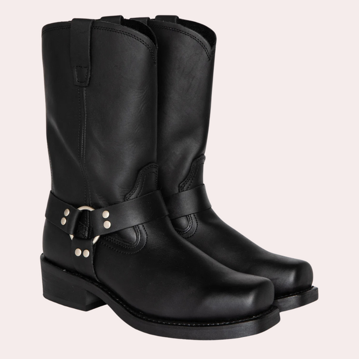 Western Leather Femme Cowboy Ankle Boots with Buckle and Heel