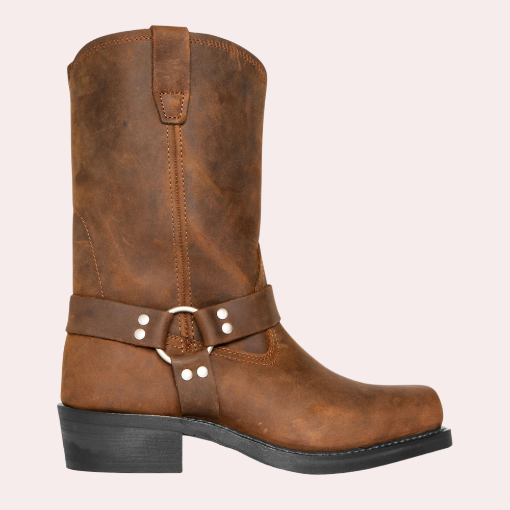 Western Leather Femme Cowboy Ankle Boots with Buckle and Heel