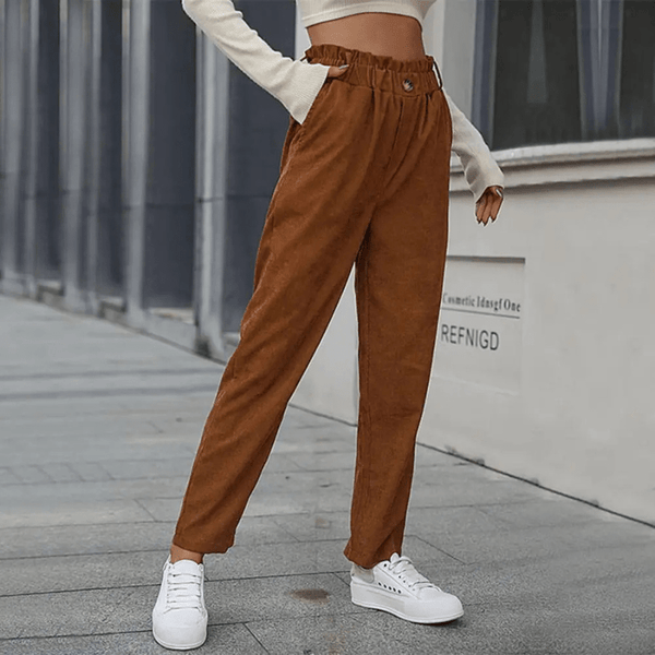 CheChury - Pantalon Décontracté Femme En Velours Côtelé, Taille Haute, élastiqué, Avec Poche Zippée - Automne - 7