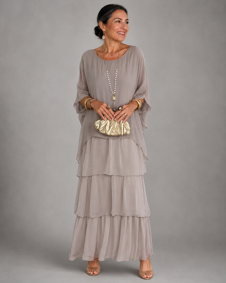 Robe Longue Étagée en Mousseline à Manches Cape Femme