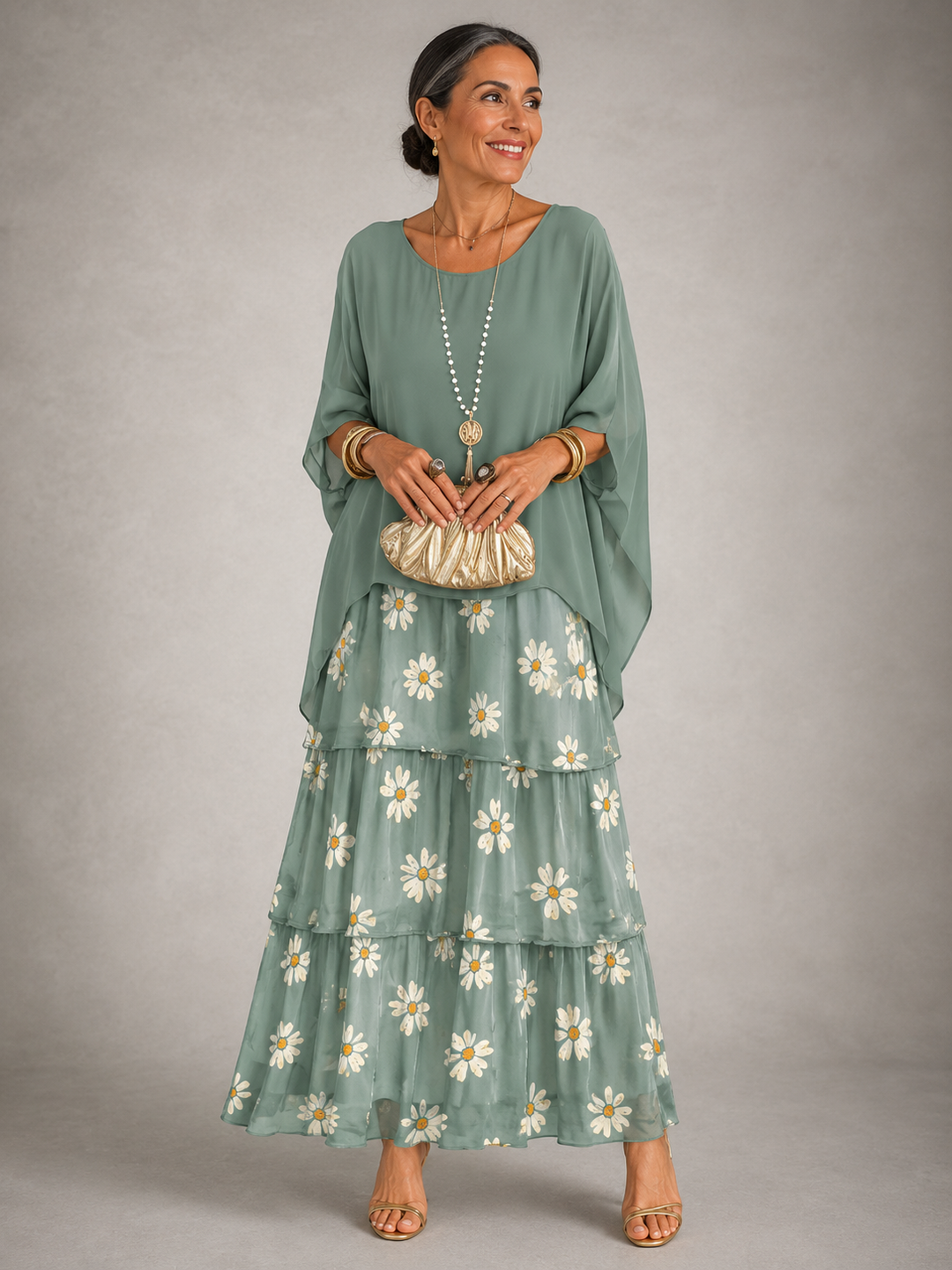 Robe Longue Étagée en Mousseline à Manches Cape Femme