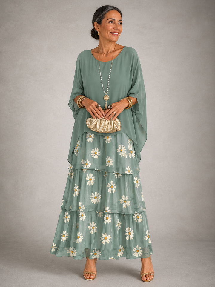 Robe Longue Étagée en Mousseline à Manches Cape Femme