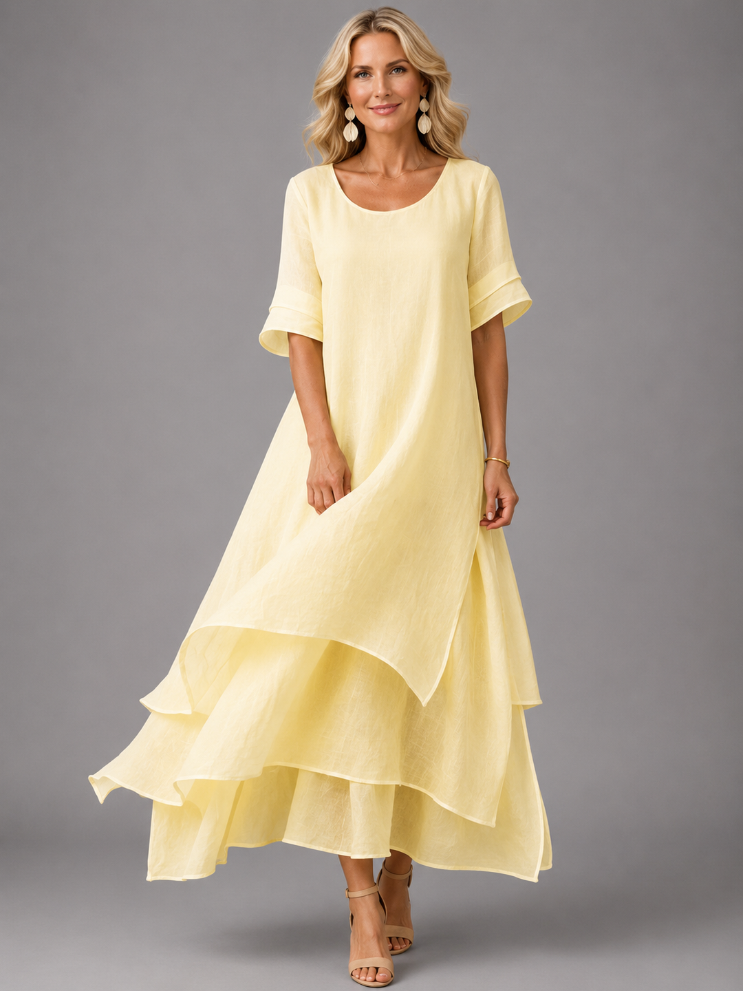 Women's Long Fluid Dress with Layered Ruffles and Flared Cut