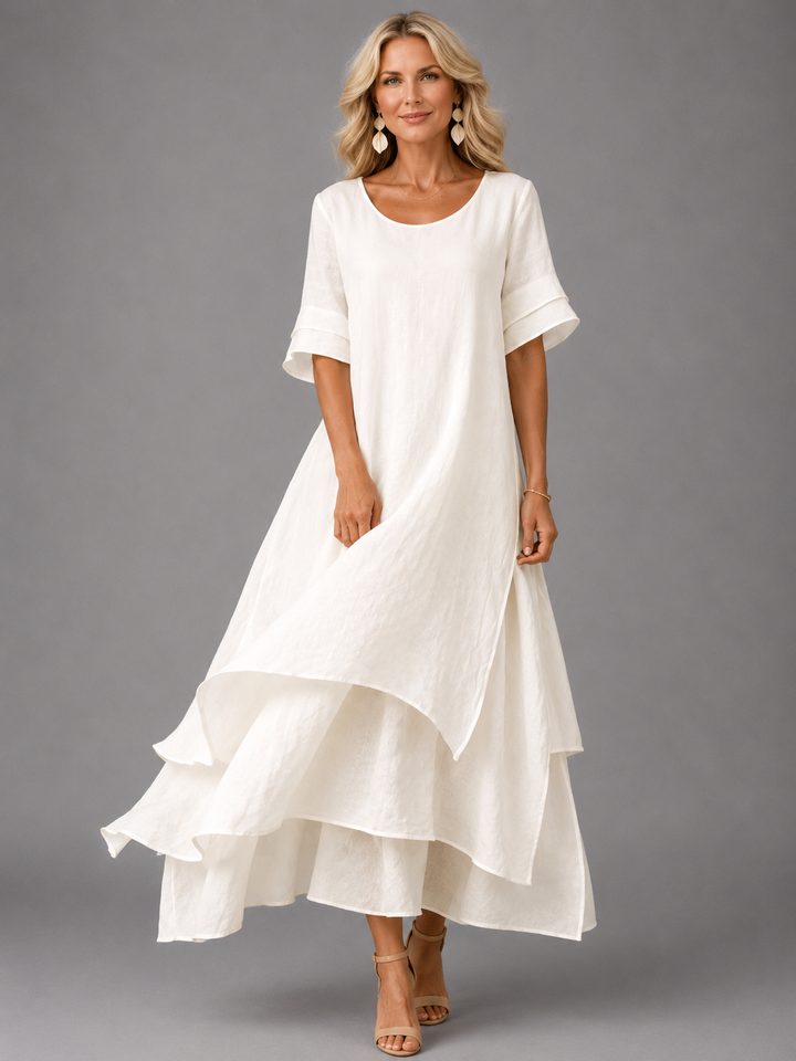 Women's Long Fluid Dress with Layered Ruffles and Flared Cut