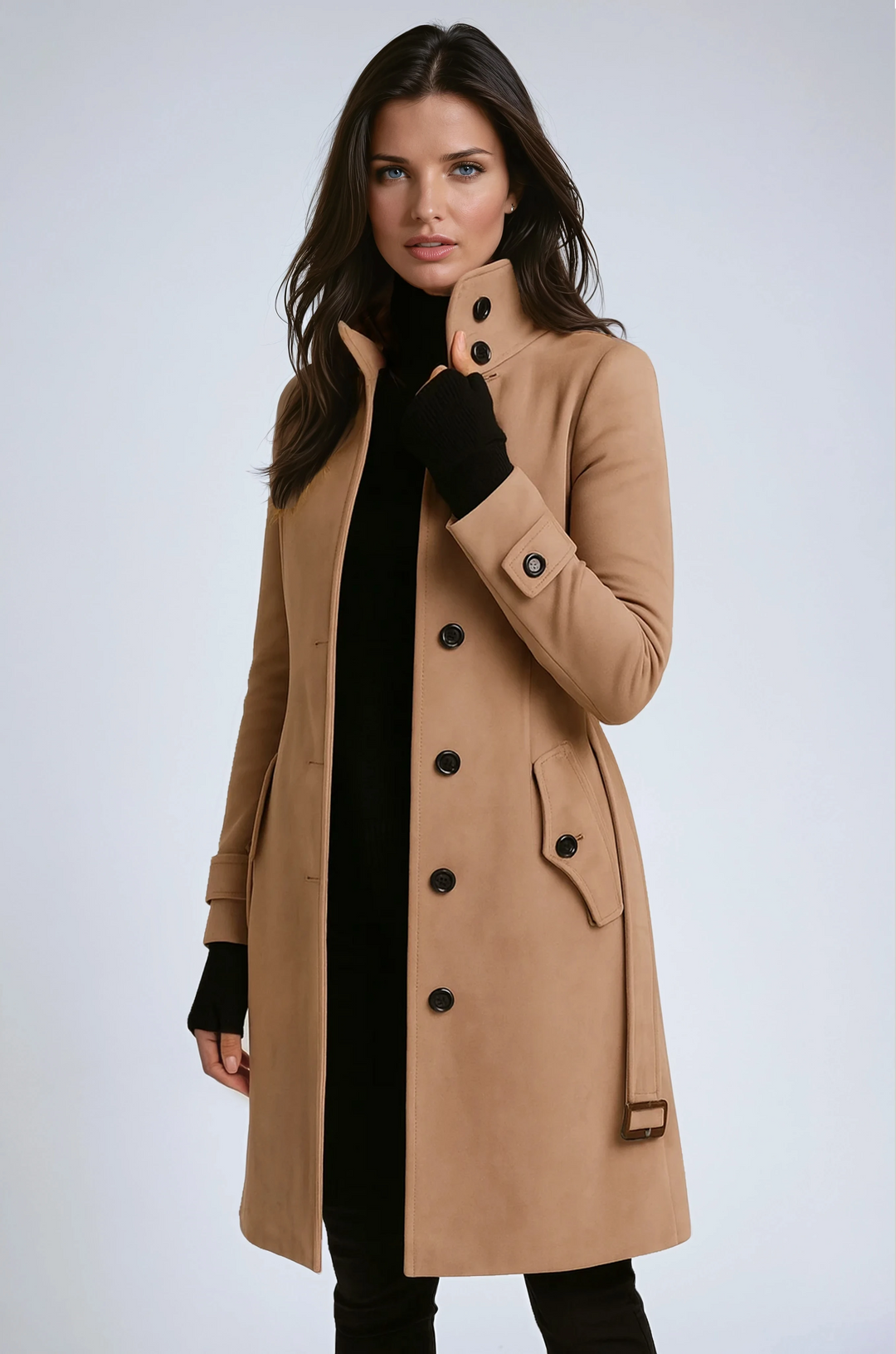Manteau Long Élégant pour Femme Coupe Ajustée à Boutons