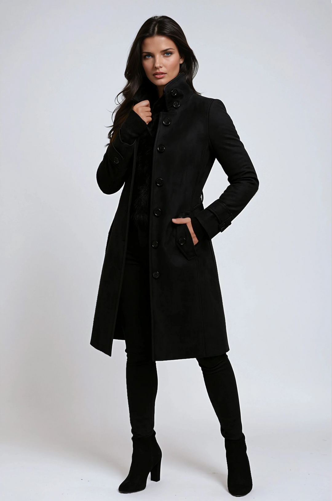 Manteau Long Élégant pour Femme Coupe Ajustée à Boutons