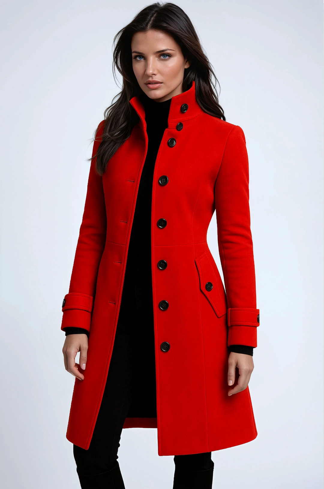 Manteau Long Élégant pour Femme Coupe Ajustée à Boutons