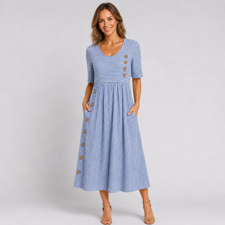 Robe Midi Rayée à Boutons Décoratifs pour Femme