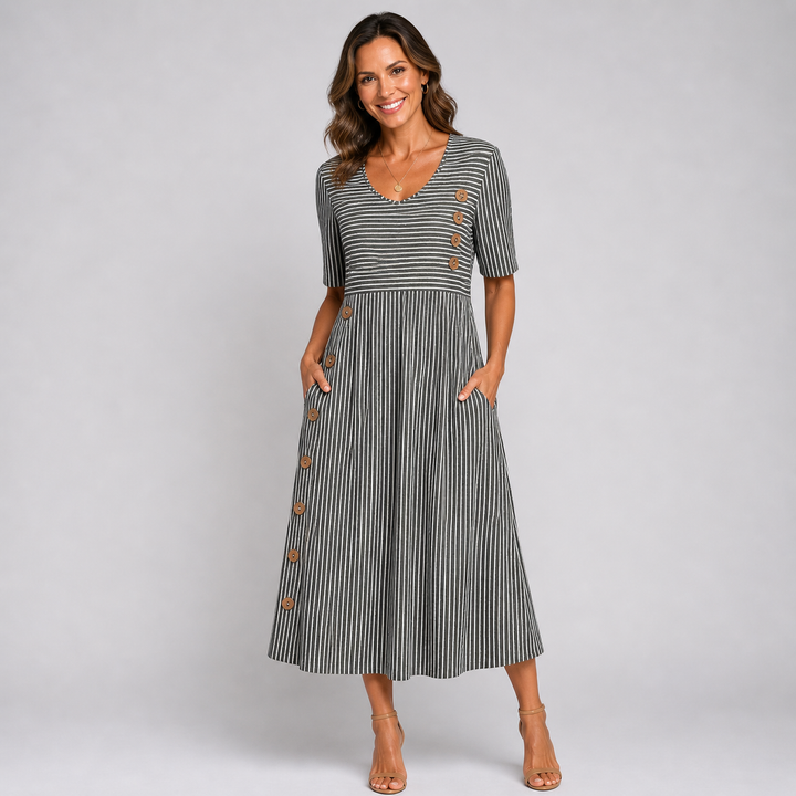 Robe Midi Rayée à Boutons Décoratifs pour Femme