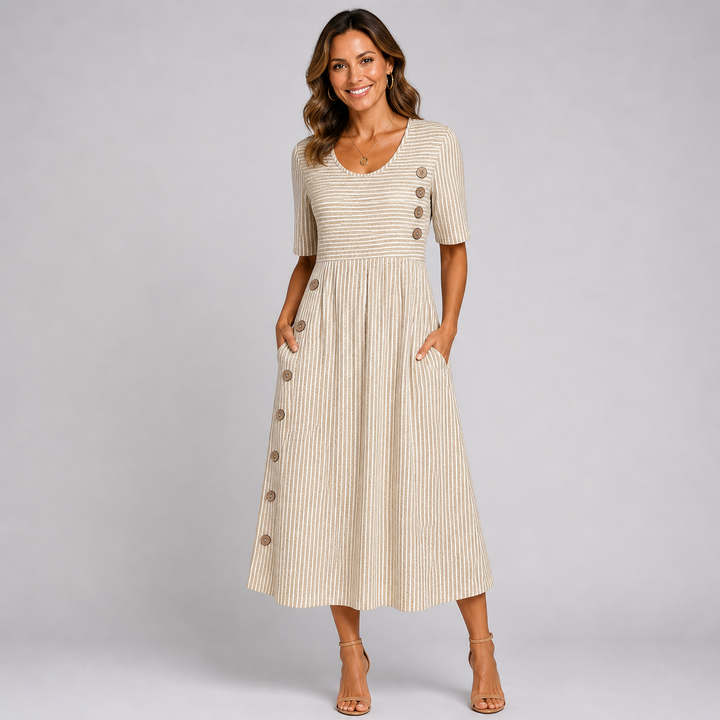 Robe Midi Rayée à Boutons Décoratifs pour Femme