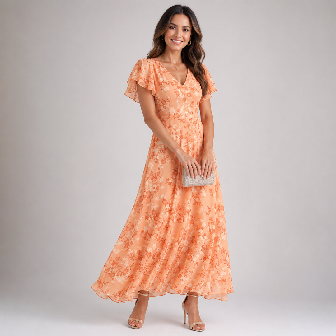 Robe Longue Fleurie à Volants et Manches Papillon pour Femme