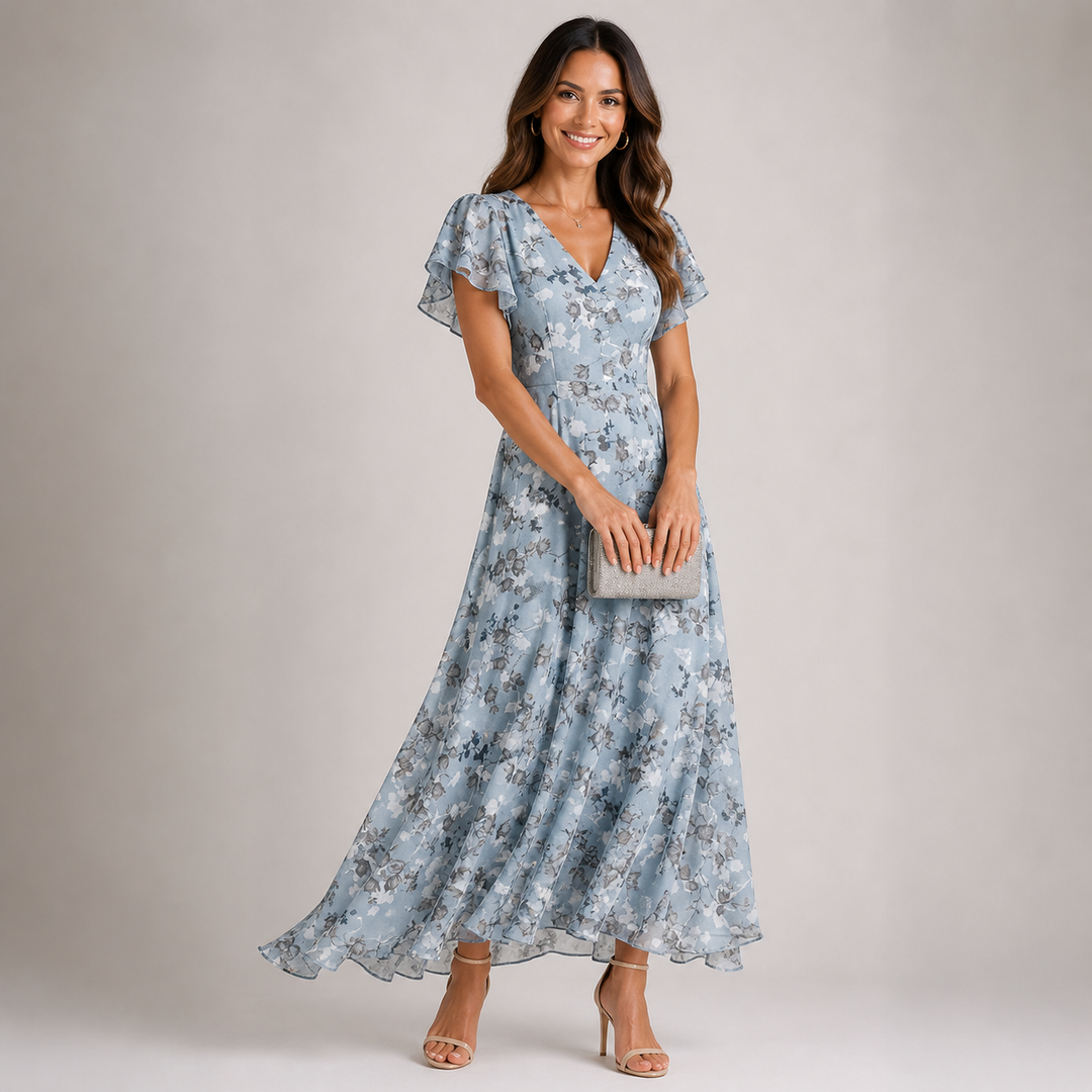 Robe Longue Fleurie à Volants et Manches Papillon pour Femme