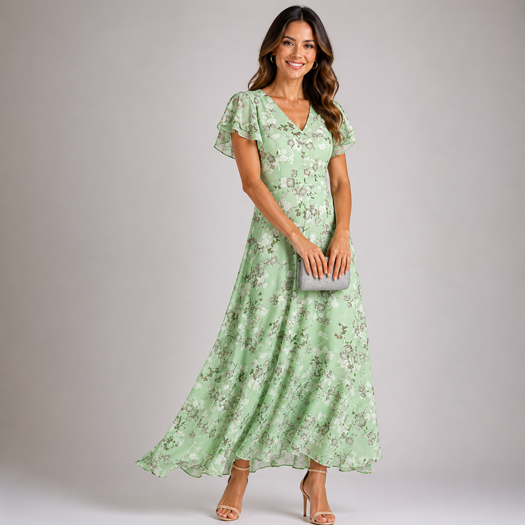 Robe Longue Fleurie à Volants et Manches Papillon pour Femme