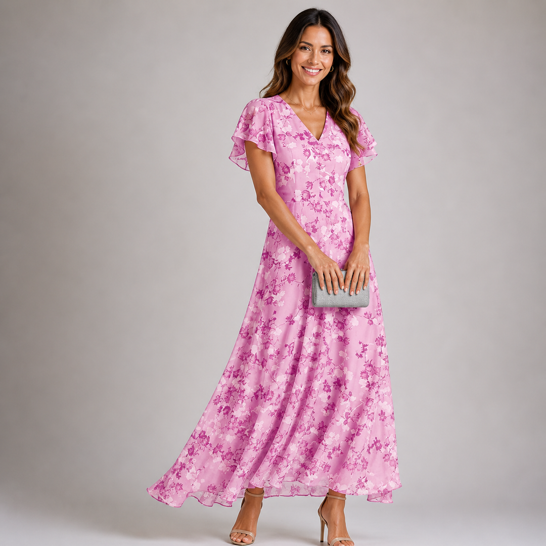 Robe Longue Fleurie à Volants et Manches Papillon pour Femme