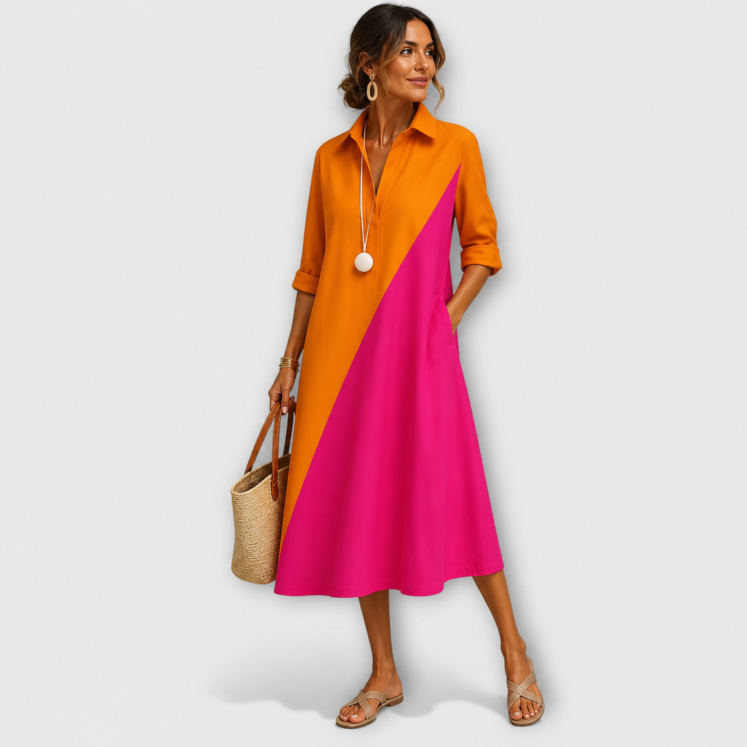 pink and orange colorblock dress Midi Dress Color Block Orange and Pink with Shirt Collar for Women