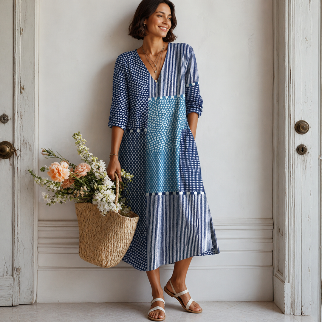 Women's Midi Dress with Blue Bohemian Patchwork Print, Casual