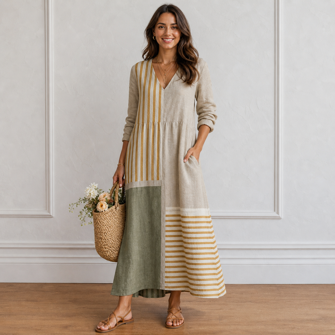 Robe Longue Femme à Rayures Patchwork Bohème Chic et Décontractée
