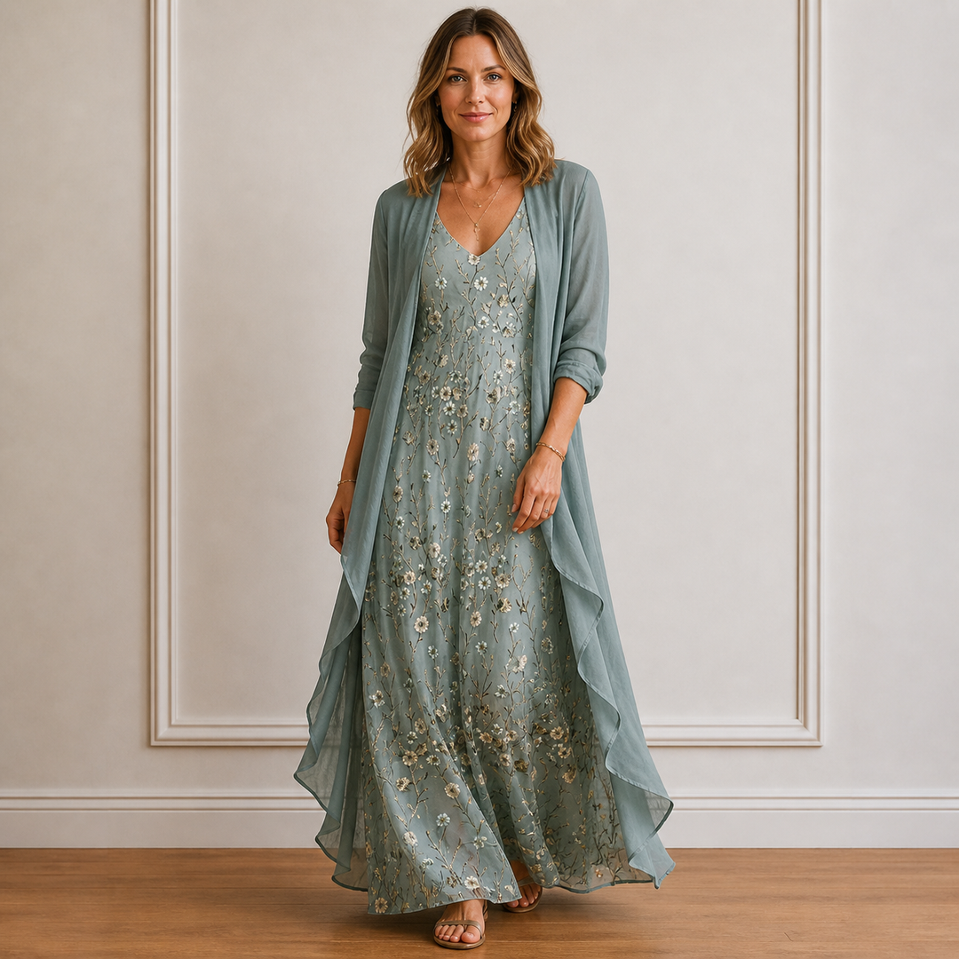 Robe Longue Femme Fleurie avec Kimono Léger Bohème et Raffinée