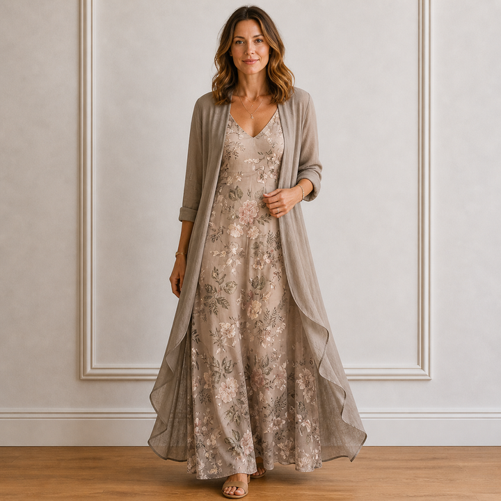 Robe Longue Femme Fleurie avec Kimono Léger Bohème et Raffinée