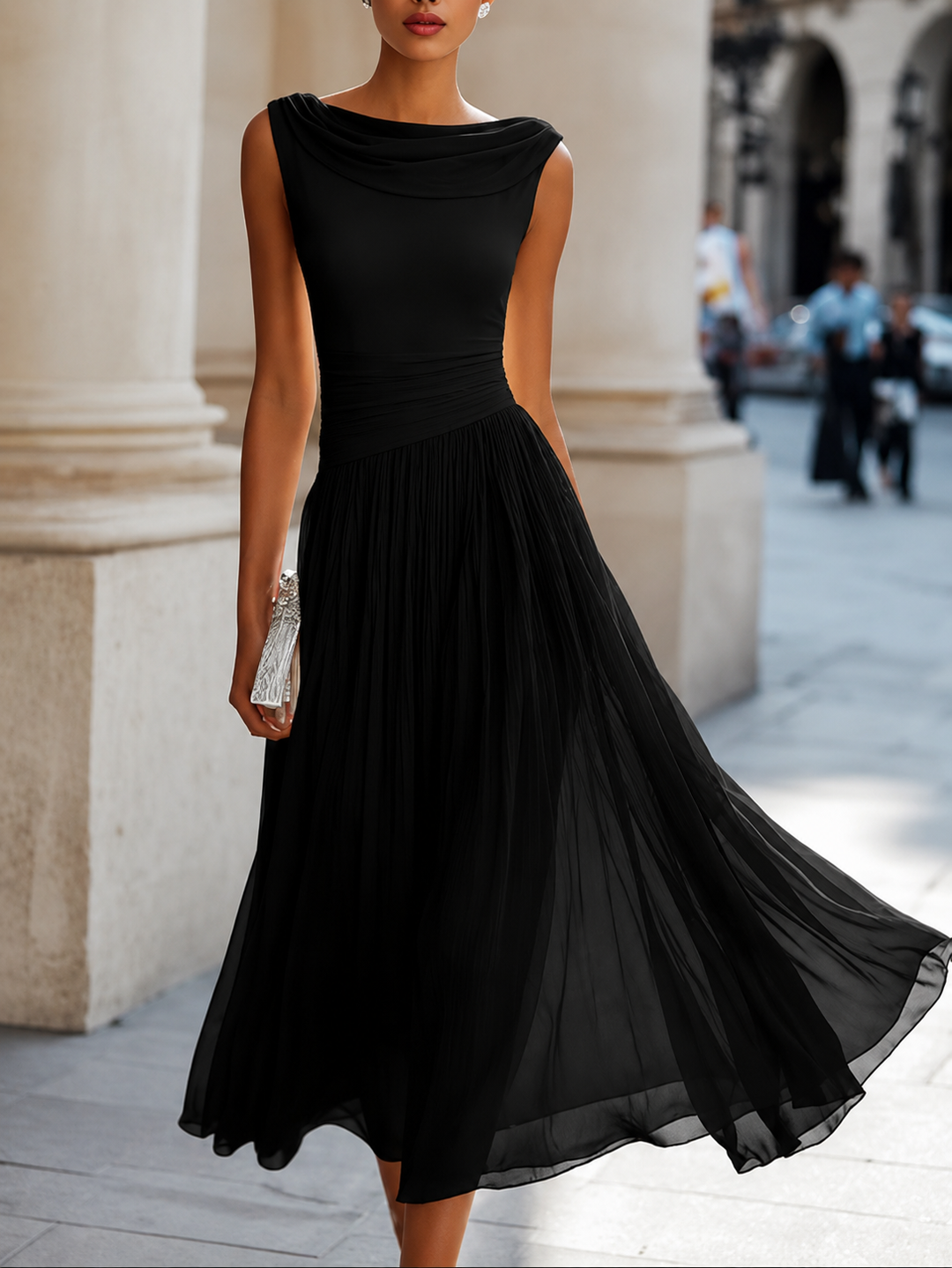 Robe Midi Plissée Élégante Sans Manches Pour Femme
