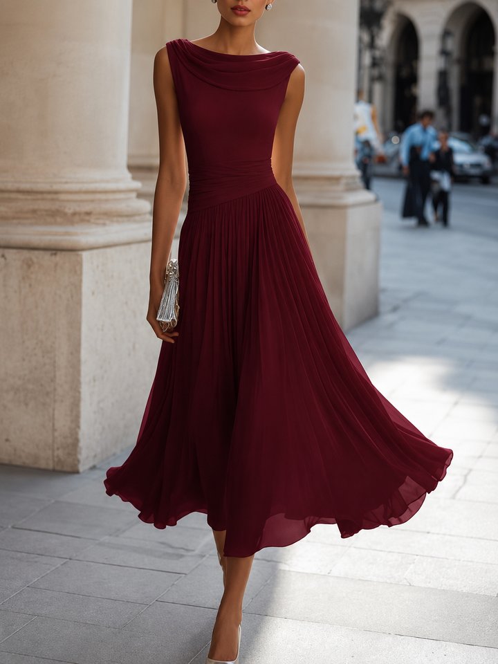 Robe Midi Plissée Élégante Sans Manches Pour Femme