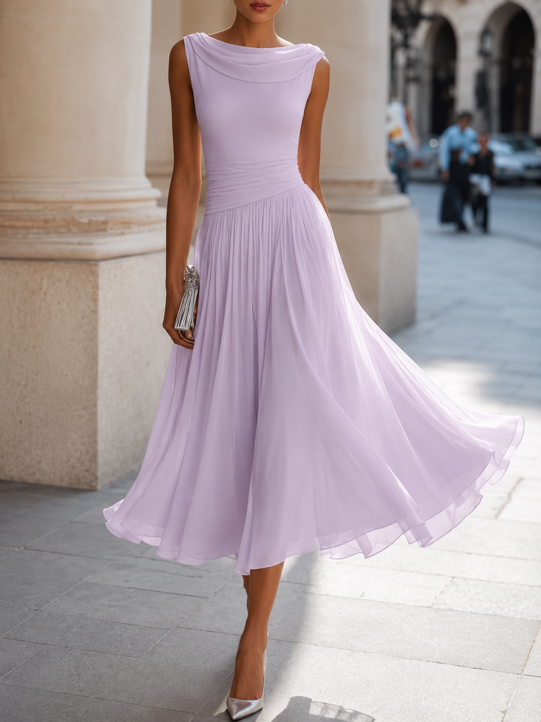 Robe Midi Plissée Élégante Sans Manches Pour Femme