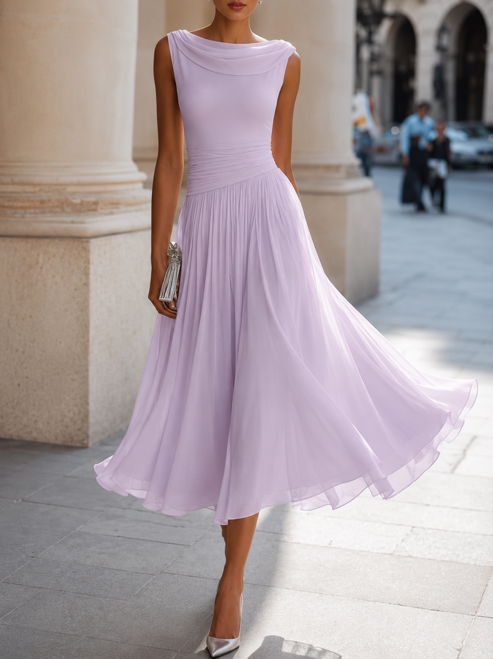 Robe Midi Plissée Élégante Sans Manches Pour Femme