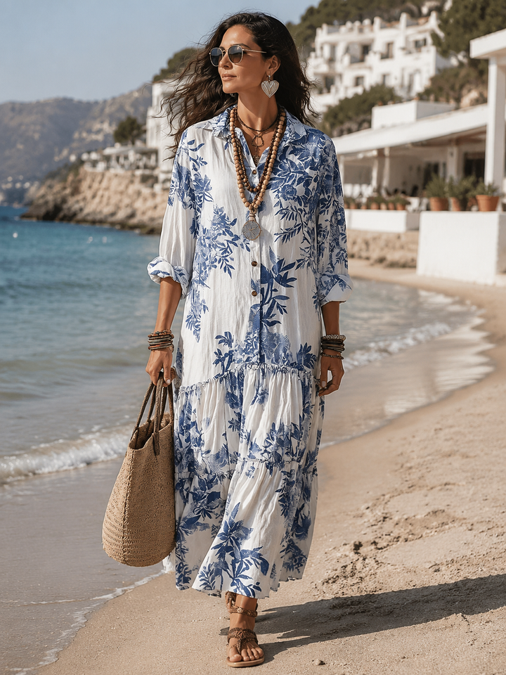 Robe Longue Femme Fleurie à Volants avec Col Chemise