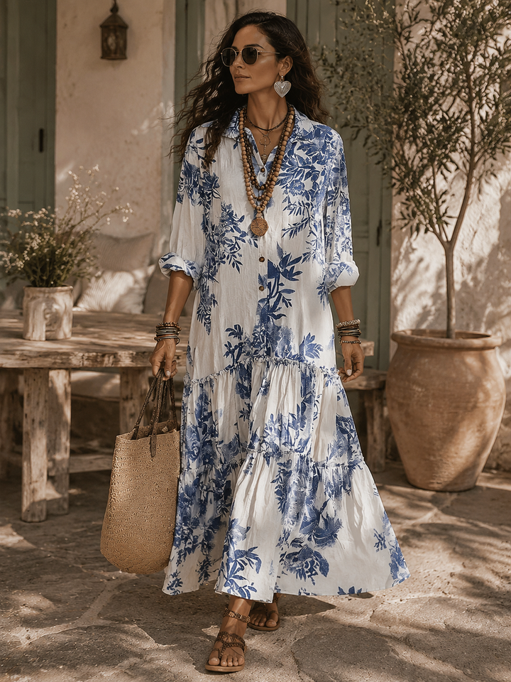 Robe Longue Femme Fleurie à Volants avec Col Chemise