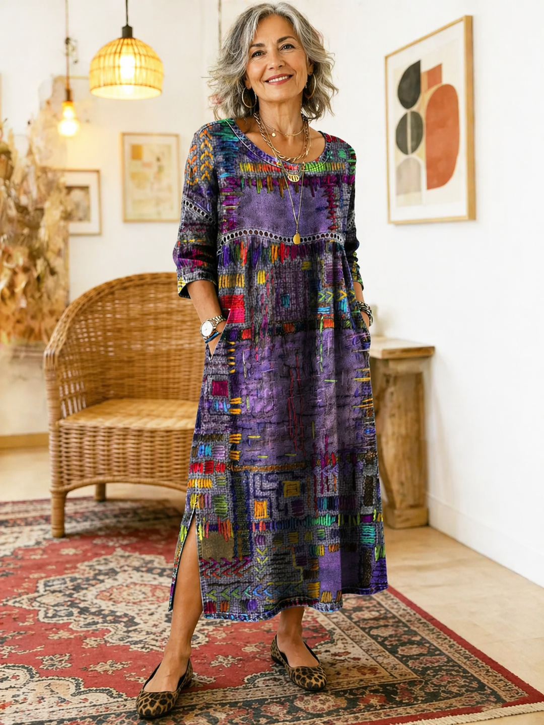 Robe imprimée patchwork ethnique femme