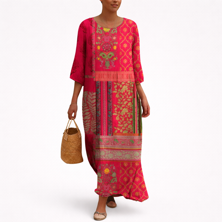 Abito lungo donna con stampa patchwork bohémien