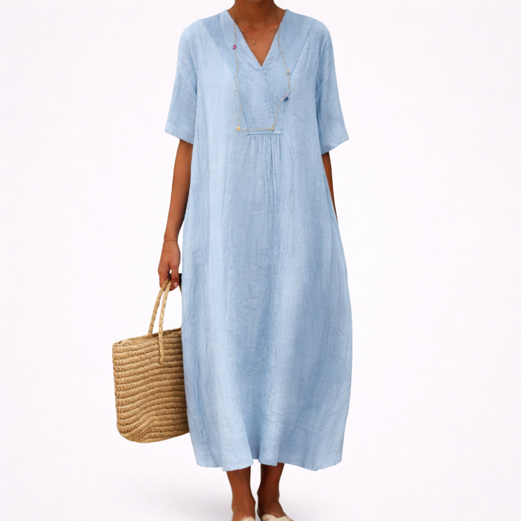 Vestido largo de verano para mujer con cuello en V y mangas cortas