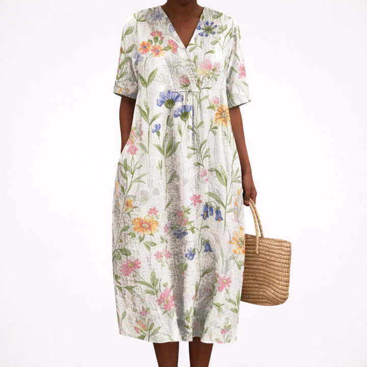 Vestito midi donna con stampa fiori di campo e maniche corte