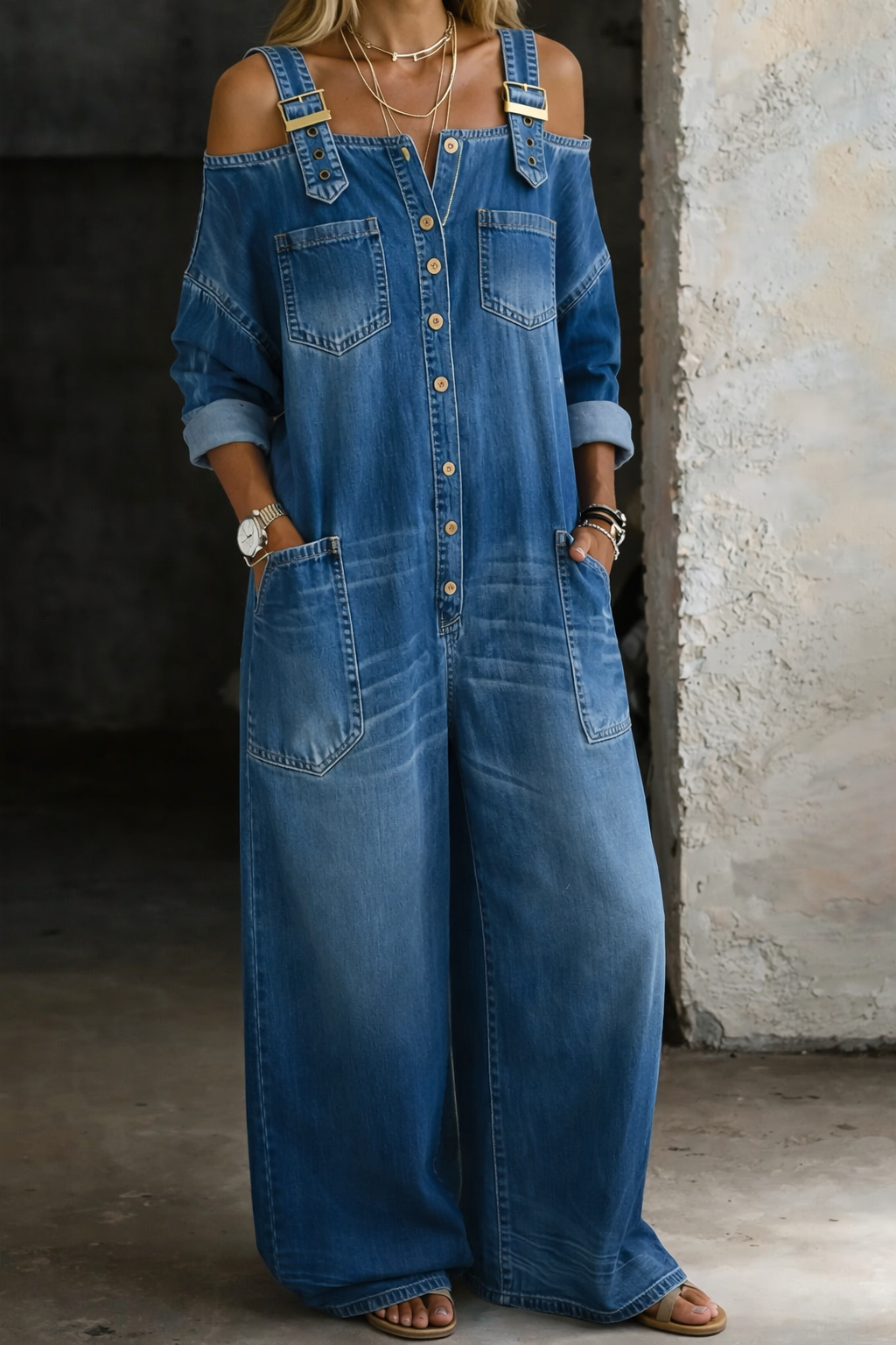Women's denim overalls with bare shoulders