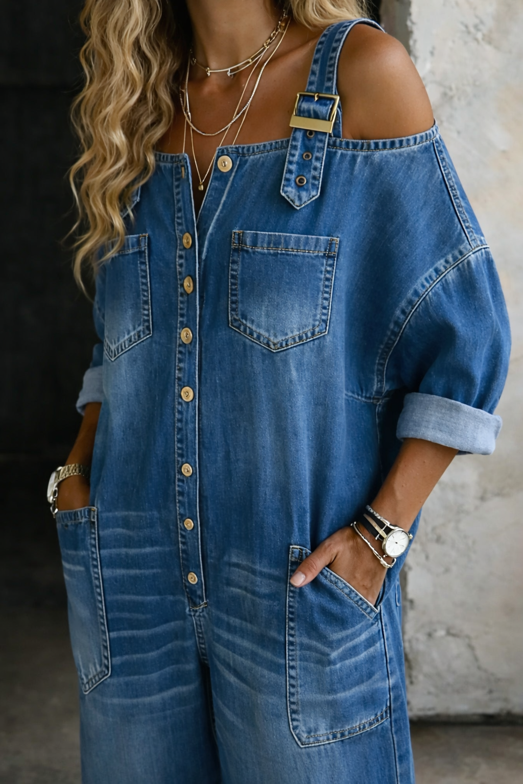 Women's denim overalls with bare shoulders