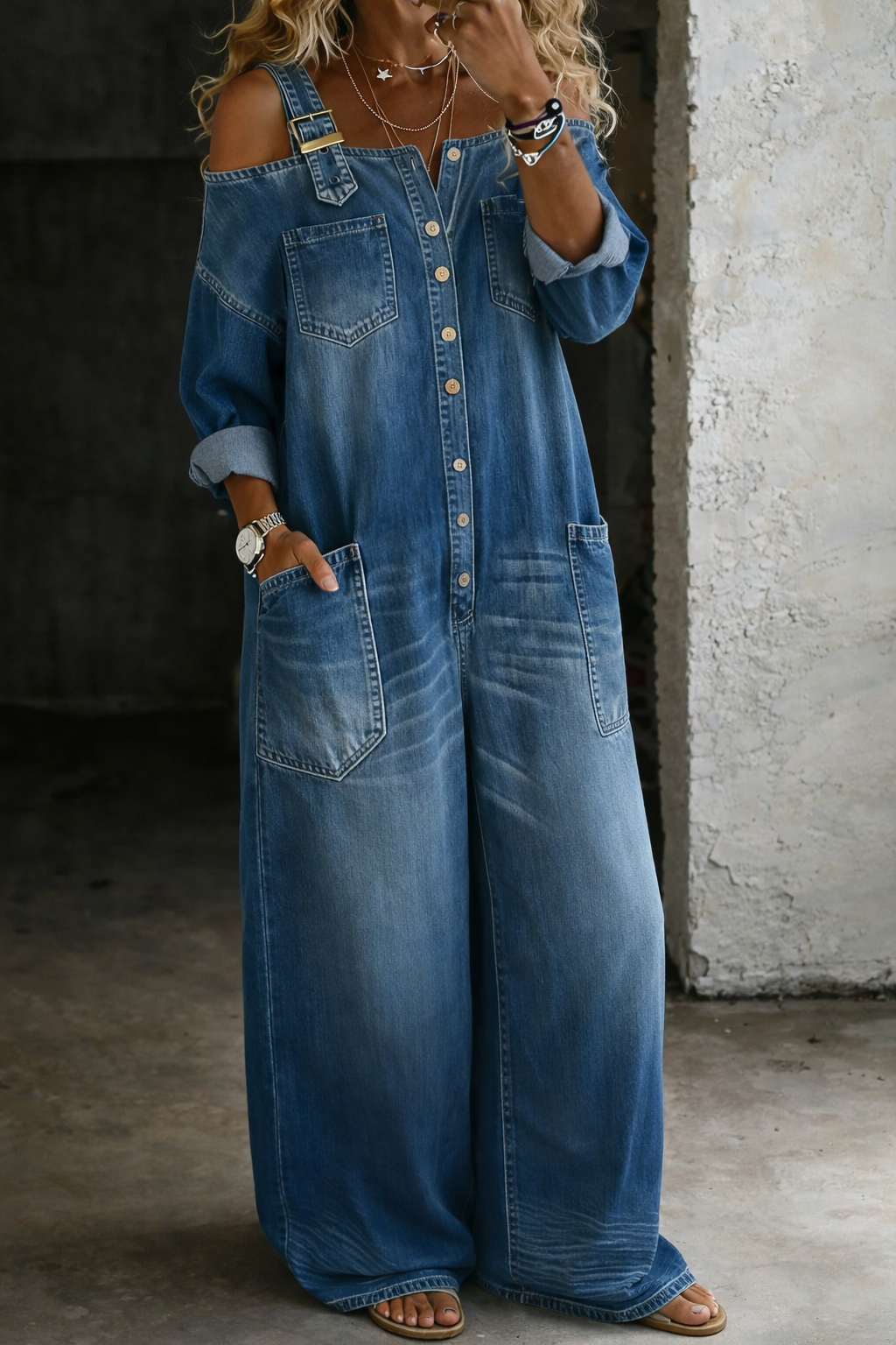 Women's denim overalls with bare shoulders