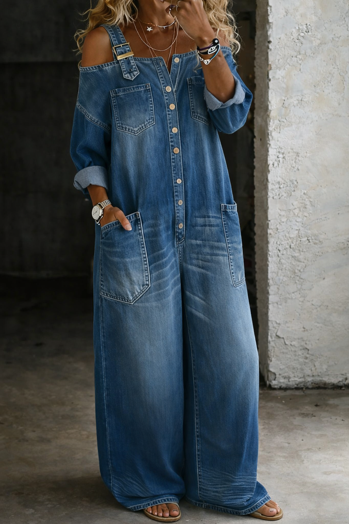 Women's denim overalls with bare shoulders