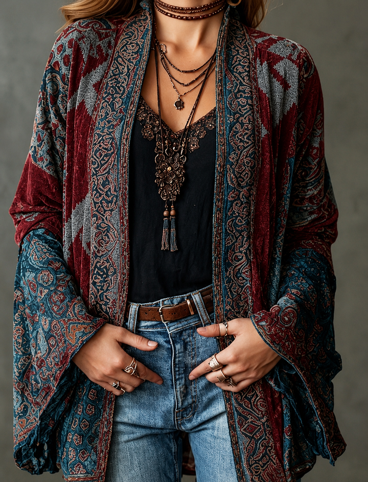 Cardigan da donna bohémien chic con stampa orientale