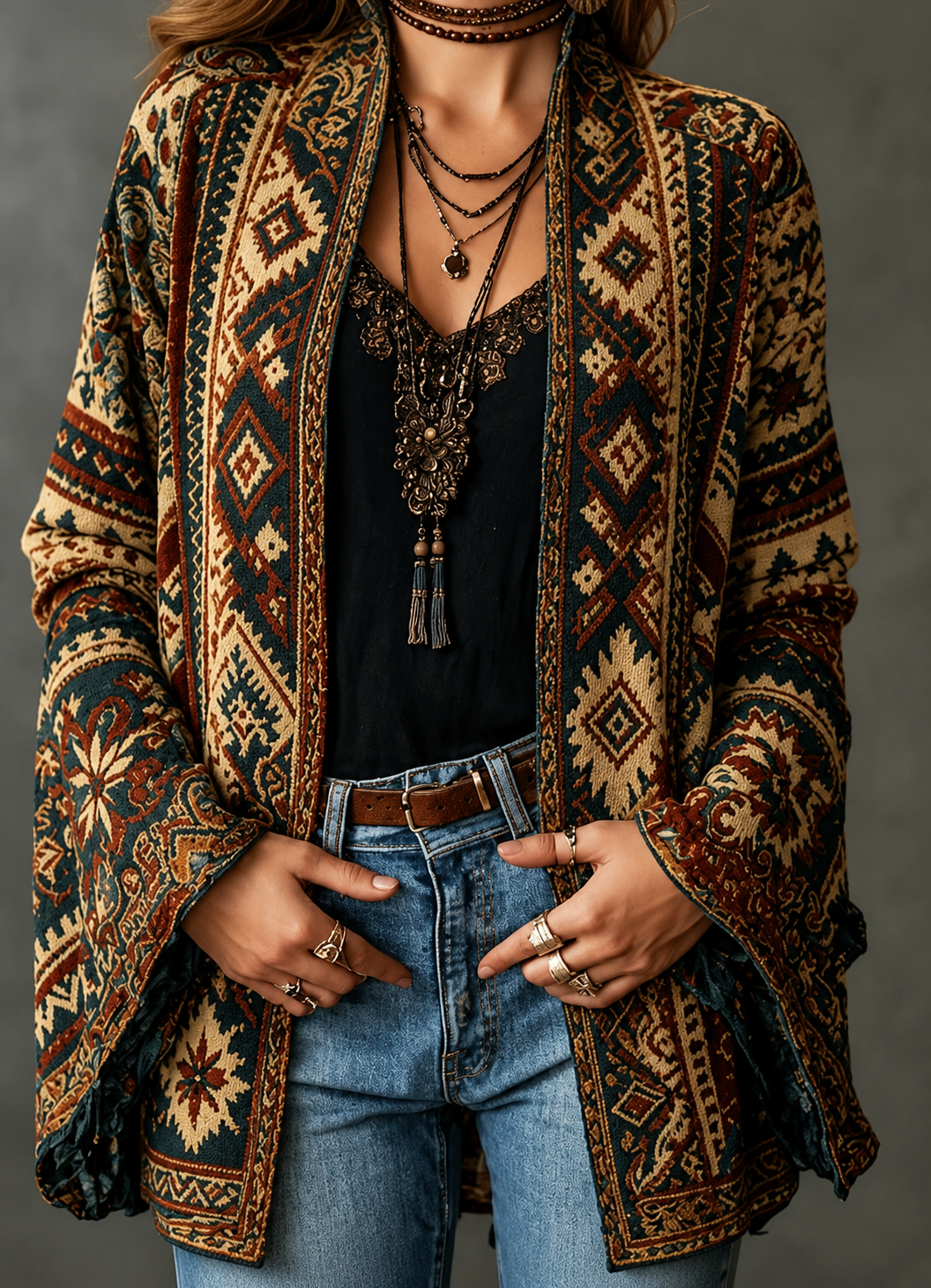 Cardigan da donna bohémien chic con stampa orientale