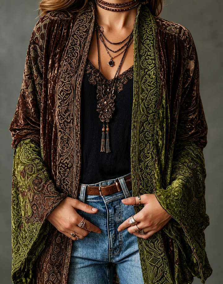 Cardigan da donna bohémien chic con stampa orientale
