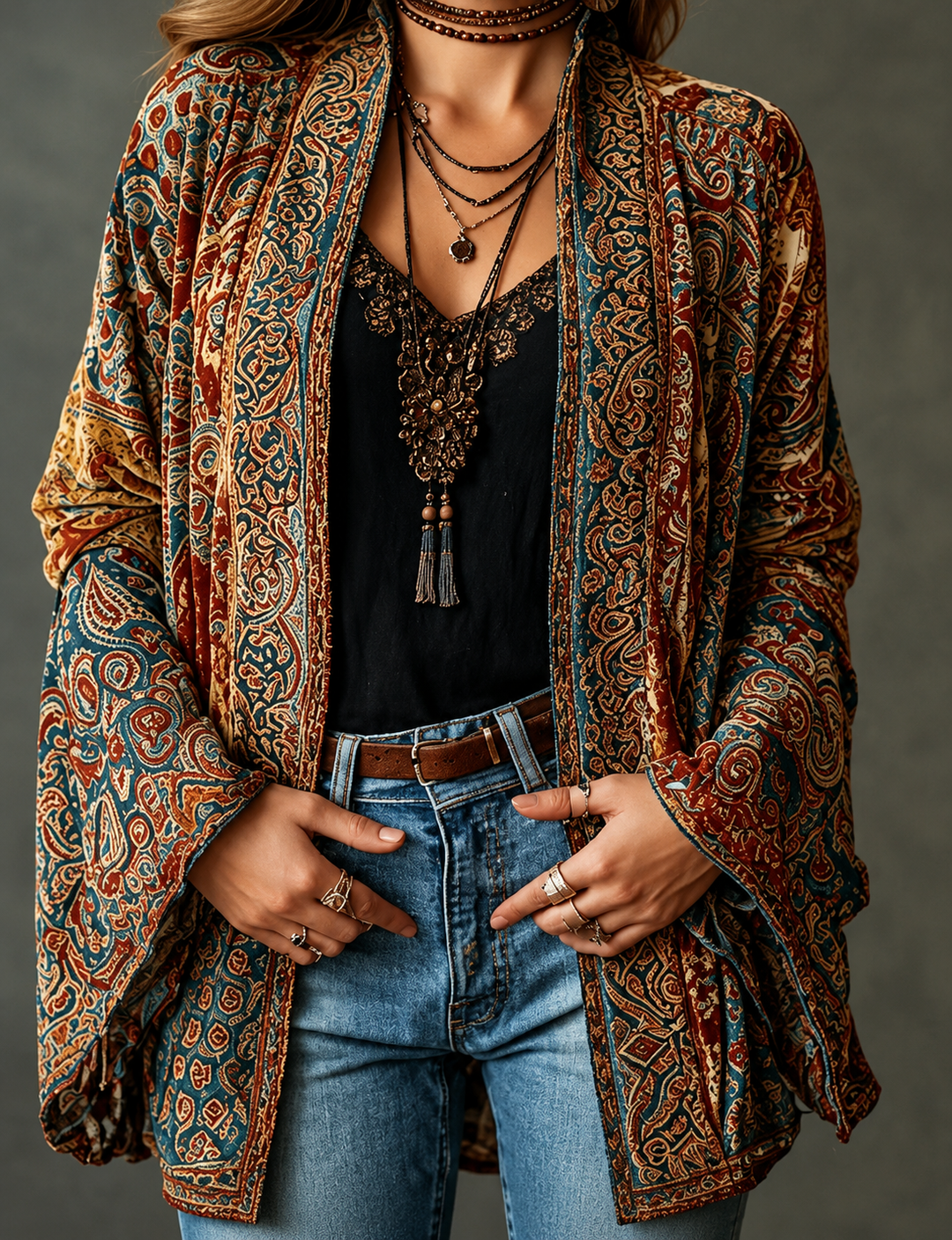 Cardigan da donna bohémien chic con stampa orientale