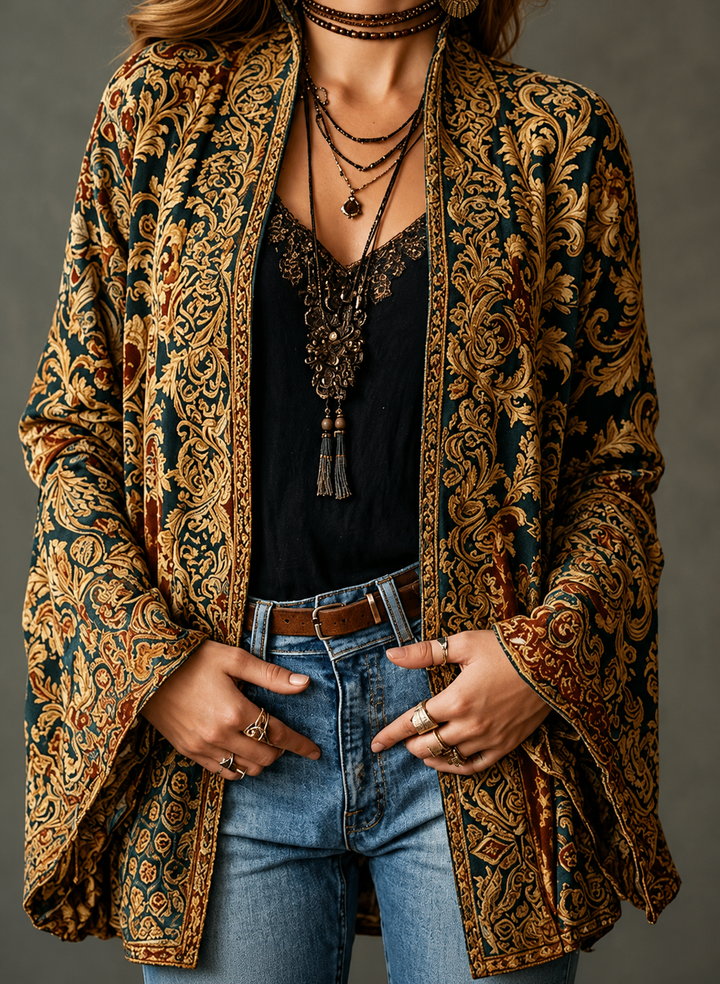 Cardigan da donna bohémien chic con stampa orientale