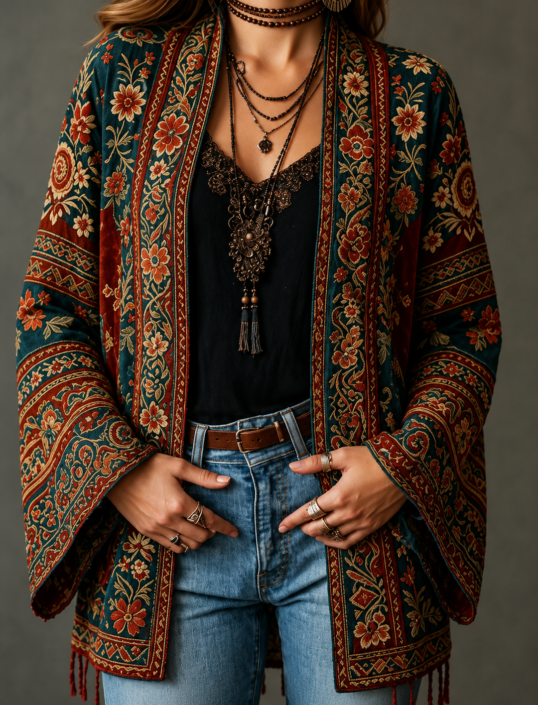 Cardigan da donna bohémien chic con stampa orientale