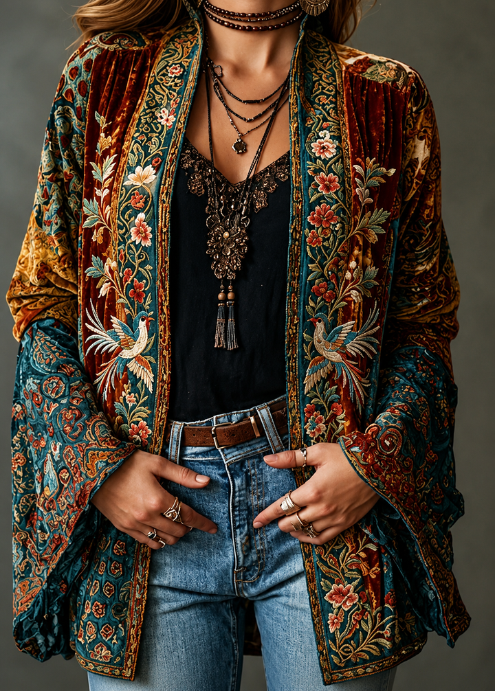 Cardigan da donna bohémien chic con stampa orientale
