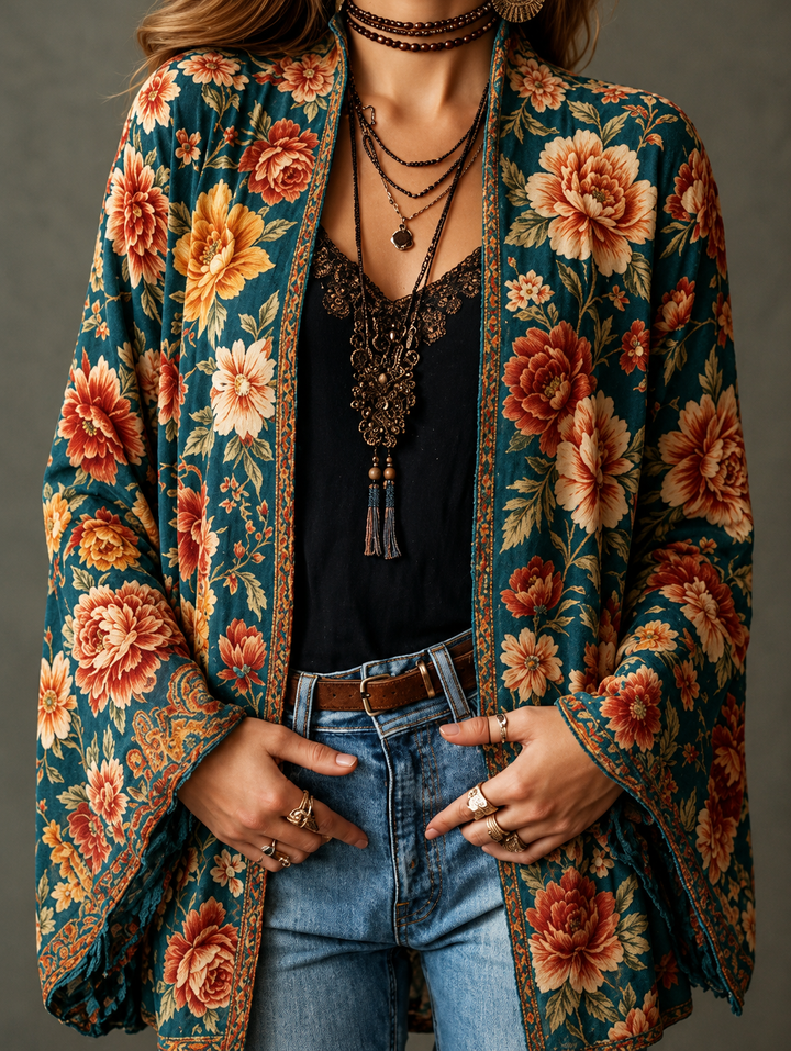 Cardigan da donna bohémien chic con stampa orientale