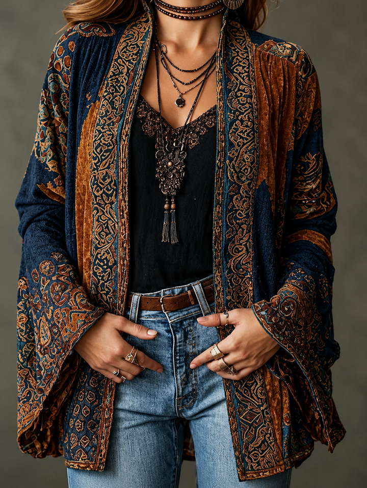 Cardigan da donna bohémien chic con stampa orientale