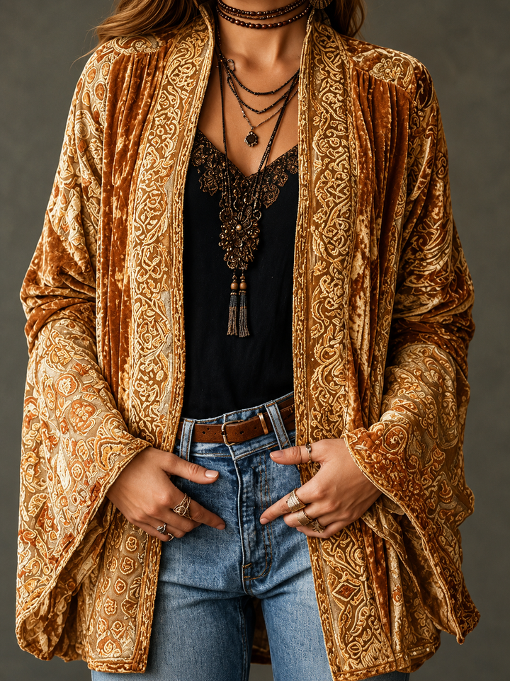 Cardigan da donna bohémien chic con stampa orientale